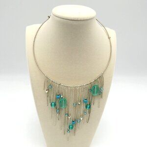 Fringe Choker Necklace 19" Memory Wire Silver Tone Dangling Chains Blue‎ Lucite